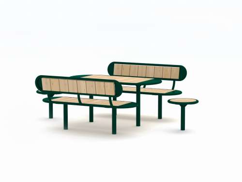 TISCH 150 CM MIT 2 x PARKBANK UND 2x SITZHOCKER AUS STAHL MIT HOLZ